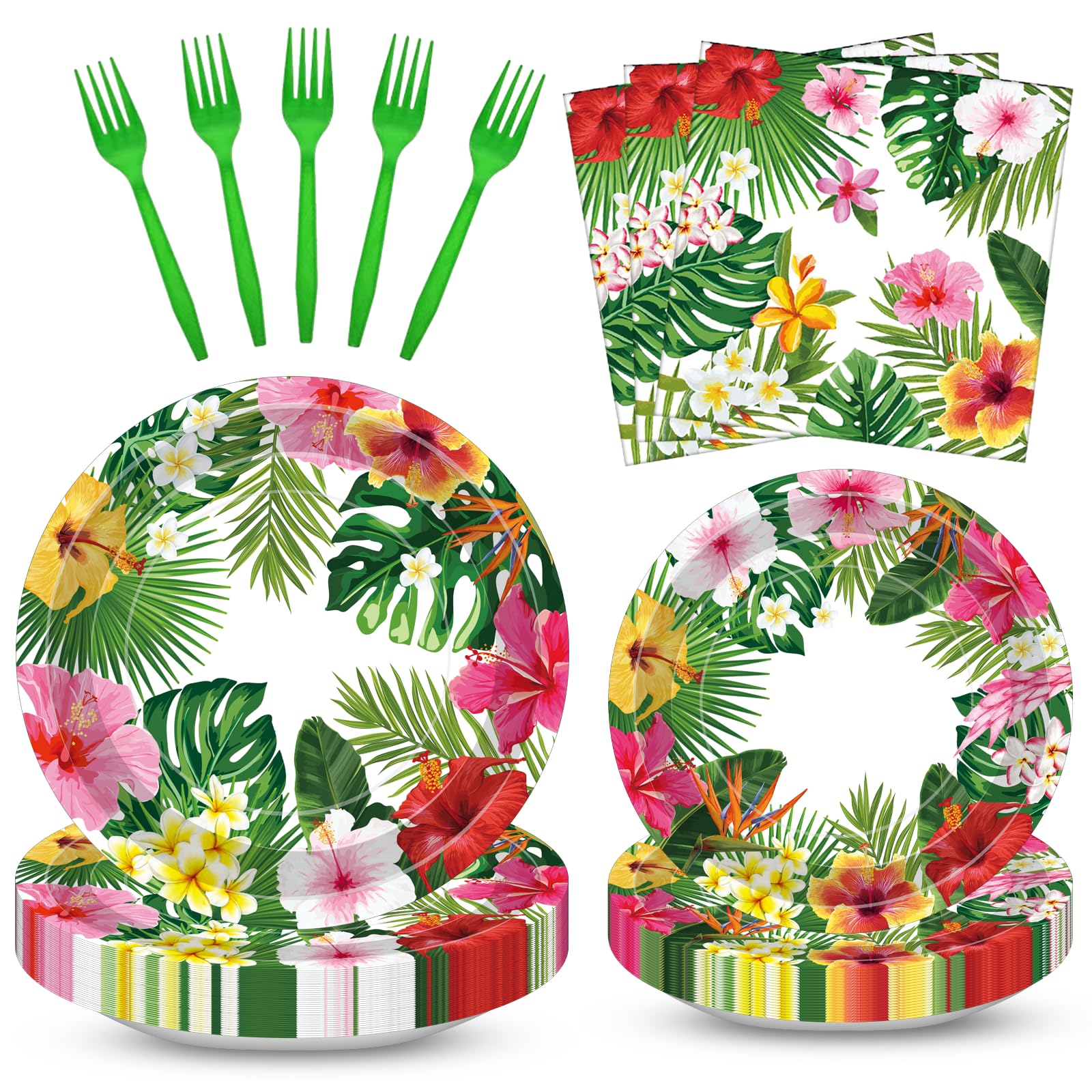 Photo 1 of **2 TABLECLOTHES ONLY** 100 Pcs Tropical Luau Party Supplies Set, Serves 25 – Disposable Hibiscus Floral Paper Plates, Napkins, and Forks, Hawaiian Themed Tableware for Summer BBQ, Pool and Beach Aloha Birthday Decorations