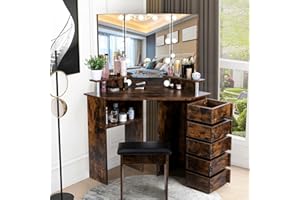 VOWNER Vanity with Lights - Vanity Desk with 3 Color Lighting Options, Brightness Adjustable, Vanity Table with 5 Rotating Drawers, Shelves and Stool, Corner Vanity for Women Girls, Rustic Brown 43"