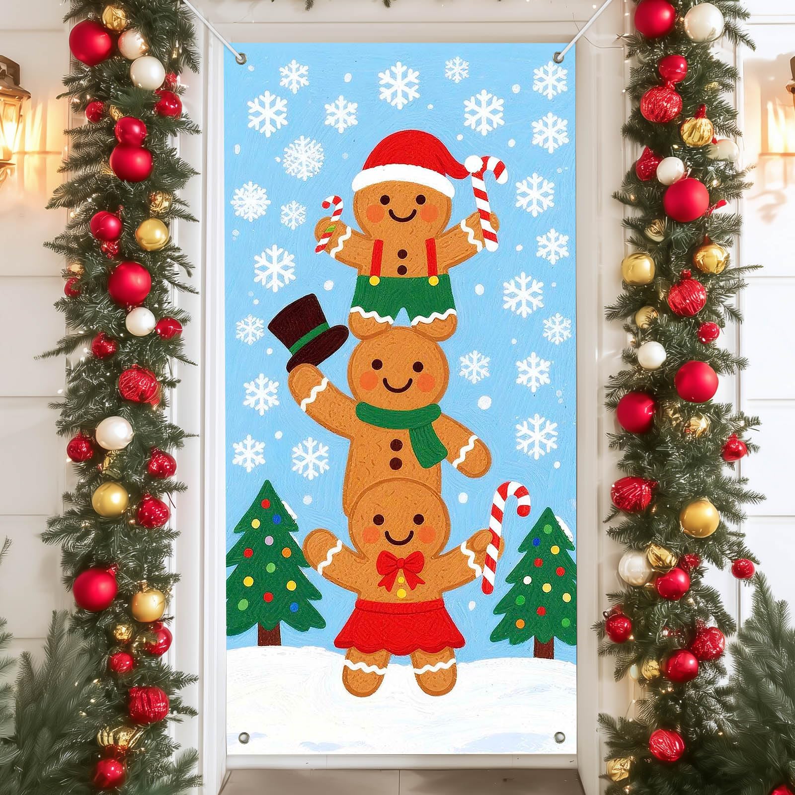 Photo 1 of **2 pack**IVN Gingerbread Stack Snow Scene Door Cover Decoration 71 x 35 in Holiday Banner Winter Trees Photo Backdrop Indoor Outdoor for Front Door Party Decorations