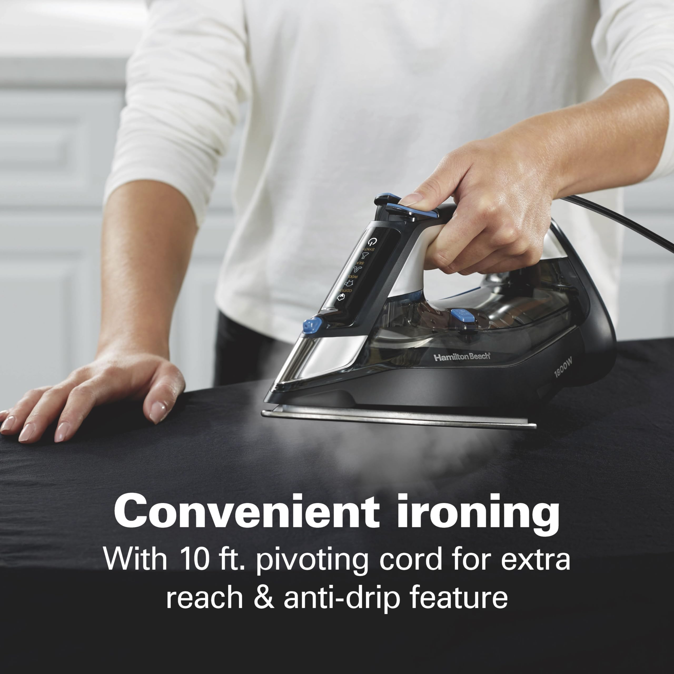Hamilton Beach Steam Iron for Clothes & Garment Steamer with Intuitive FabricIQ Touchpad, Durable Stainless Steel Soleplate, 3-Way Auto Shutoff, 1800 Watts, 350ml Water Tank, 10' Cord, Black (14950)