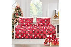 Jarson 3-Piece Christmas Daybed Cover Set,Twin Xmas Daybed Bedding Sets,Patchwork Daybed Comforter for New Year Bed Decor,Santa Snowman Holiday Daybed Bedding with Matching Shams,39"x75"(Red)