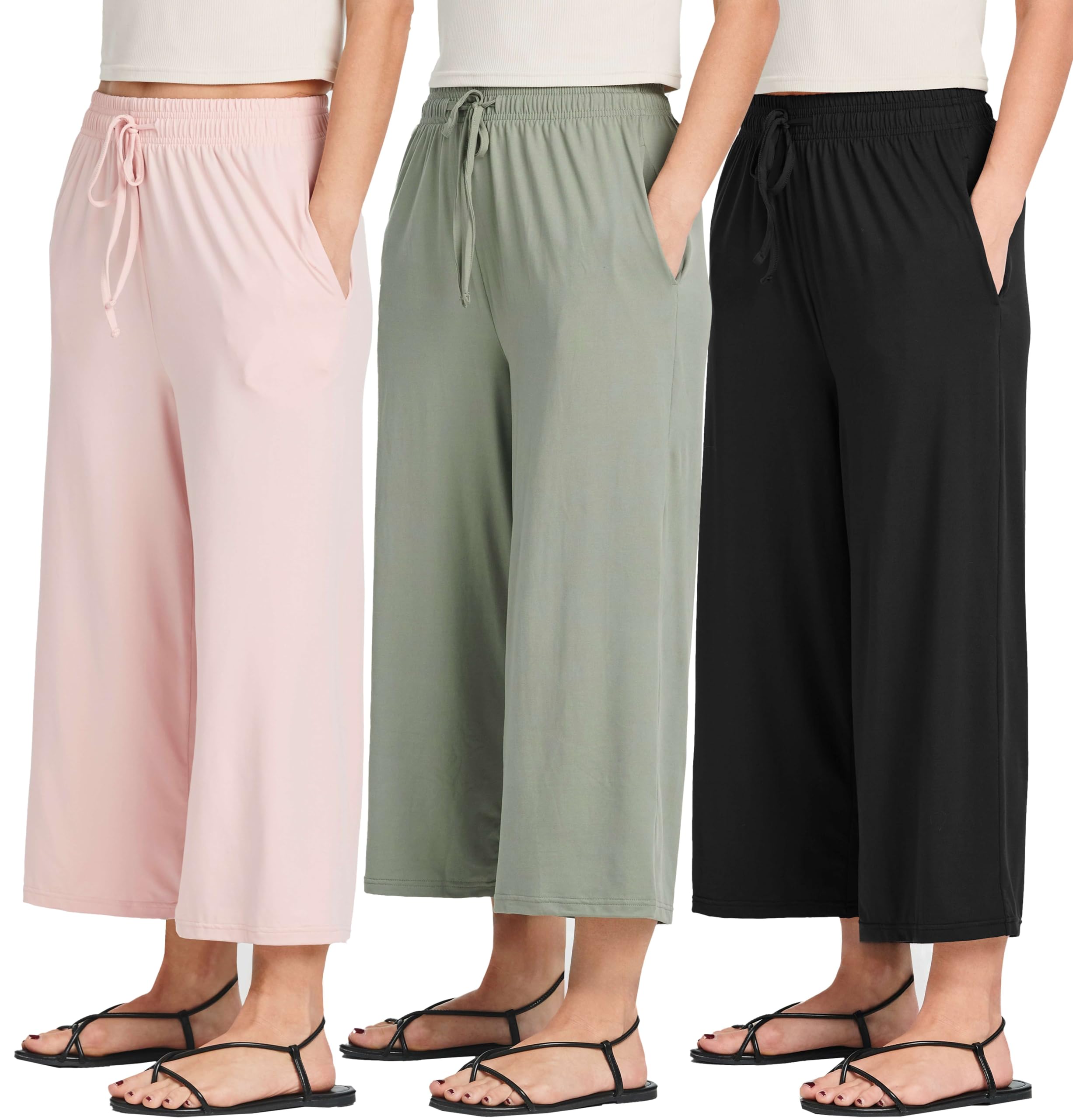 Photo 1 of Real Essentials 3 Pack Womens Capri Sweatpants Open Bottom Cropped Wide Leg Capris Yoga Lounge Active Ladies Pants Summer Athletic Pockets
