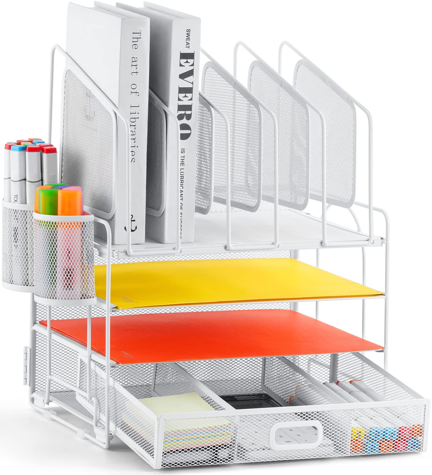 Photo 1 of Marbrasse Desk Organizers, 4-Tier Mesh Desk File Organizer with 5 Vertical File Holders and 2 Pen Holders, Multifunction Desktop Organizer,Desk Organizers and Accessories for Home Office (White)