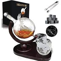 Whiskey Decanter Set Globe with 2 Etched Globe Whisky Glasses | Included Free - 9 Whiskey Stones, Ice Tong, 2 Coasters…