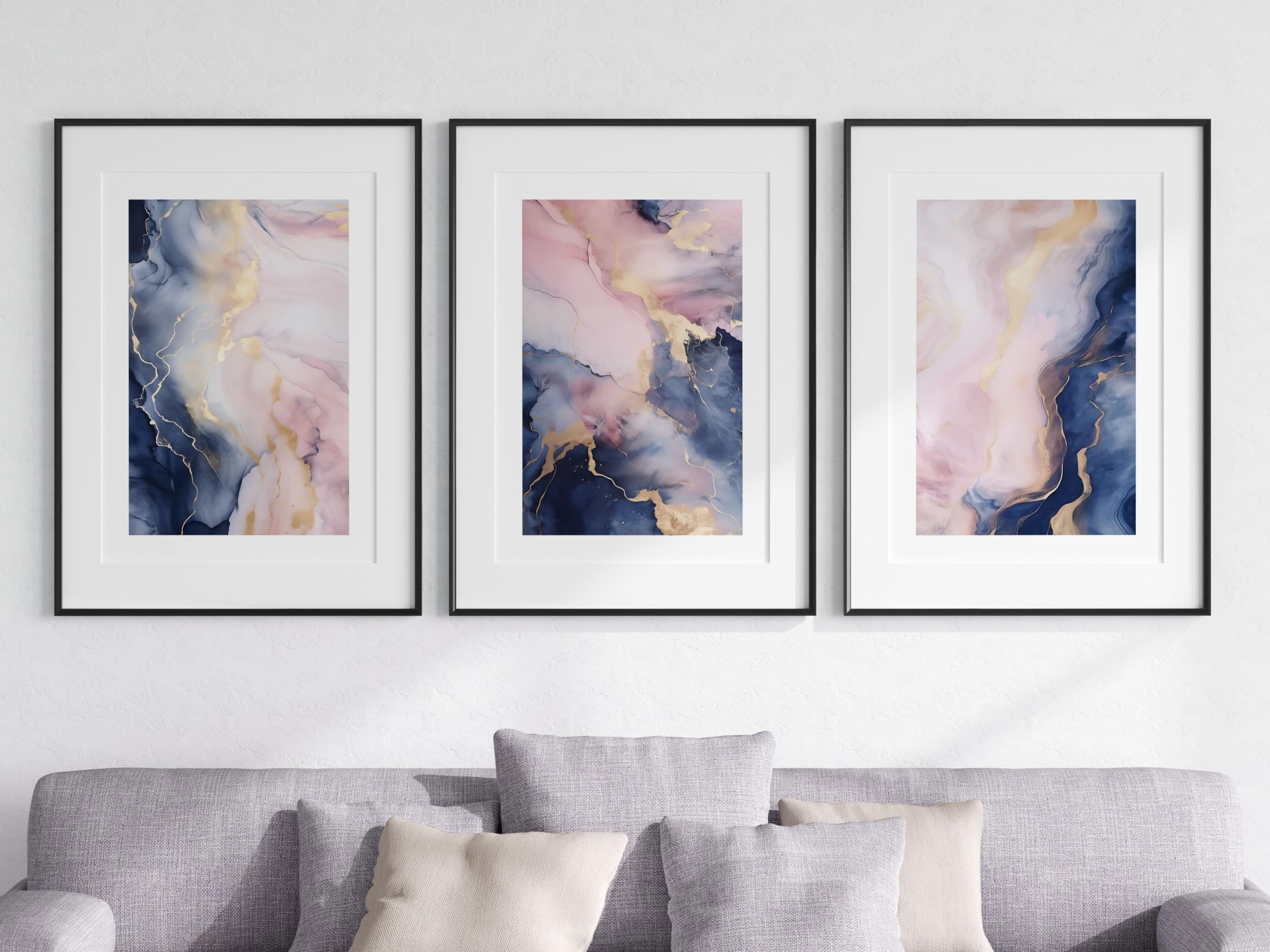 Navy Pink Liquid Marble Set of 3 Unframed Wall Poster Prints, Liquid Marble Textures, Bedroom Bathroom Living Room Kitchen Office Home Decor, Modern Abstract Wall Art, Navy Blush Pink Gold (A3)