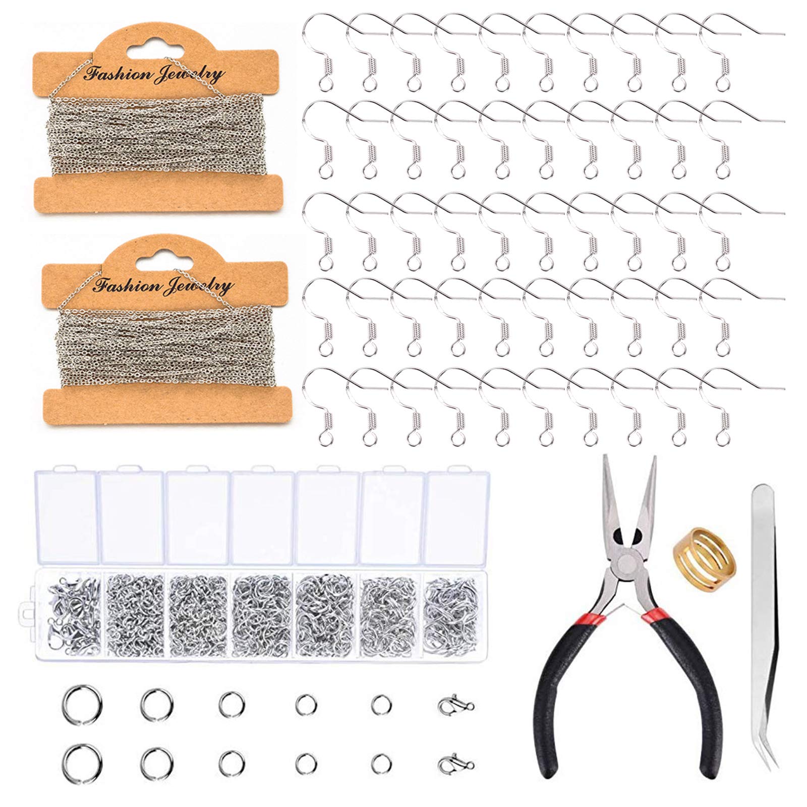 1245Pcs Open Jump Rings and Lobster Clasps Jewelry Findings Kit with Pliers and Necklace Jewelry Chain 4M and Earring Hooks Sterling Silver with 50PCS for DIY Jewellery Making