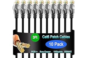 Cat6 Ethernet Patch Cable 3 ft (10 Pack), Cat6 Patch Cable for Data Centers, Cat 6 Patch Cable 10G, Network Patch Cables for 