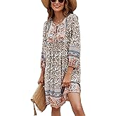 Bluetime Women Casual Summer Dress Boho V Neck 3/4 Sleeve Babydoll Floral Print Flowy Beach Dress