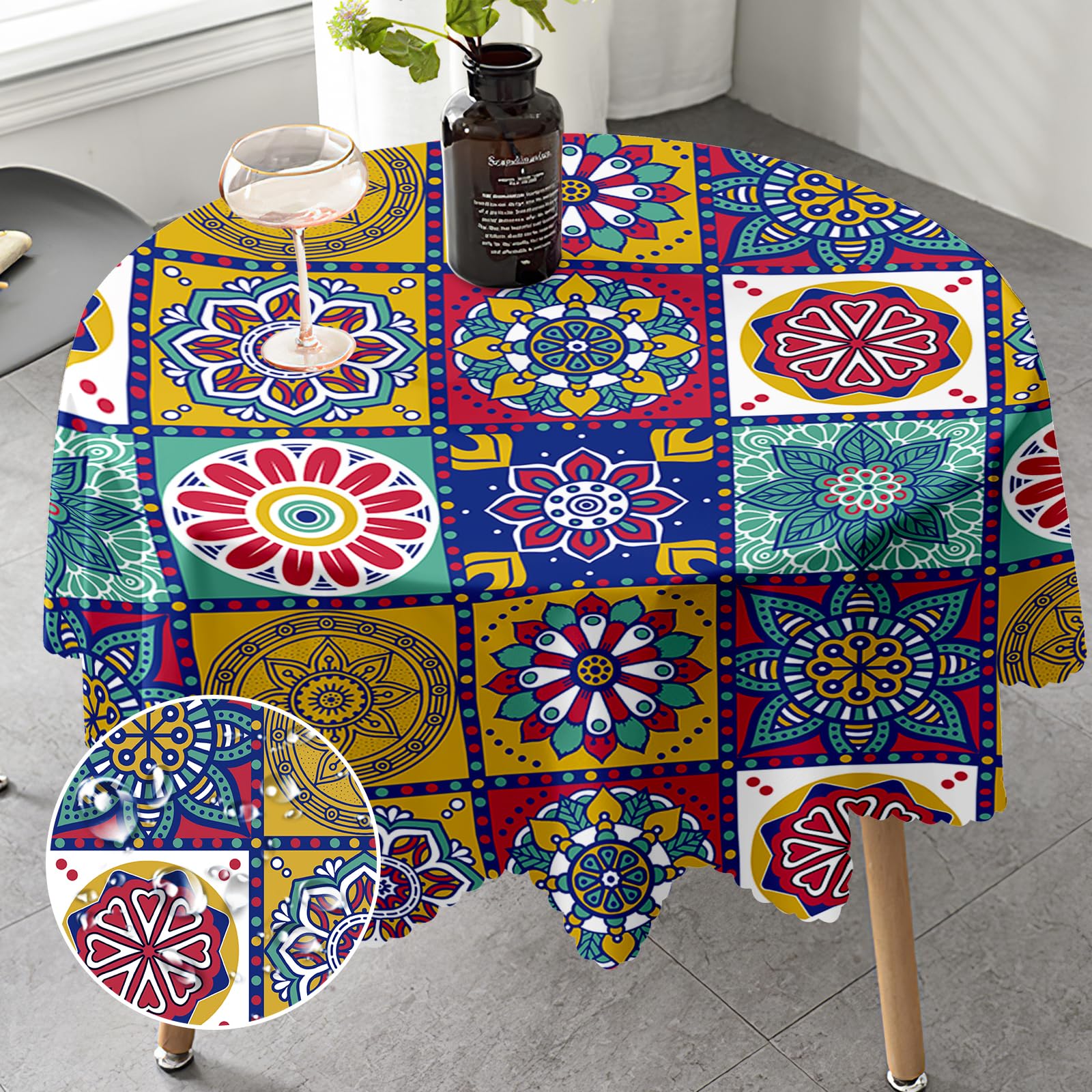 iEvery Round Tablecloth 150cm Morocco Tablecloths Polyester Wipe Clean Table Cloth Water Resistance Table Cover for Home Dining Kitchen Party — image 1
