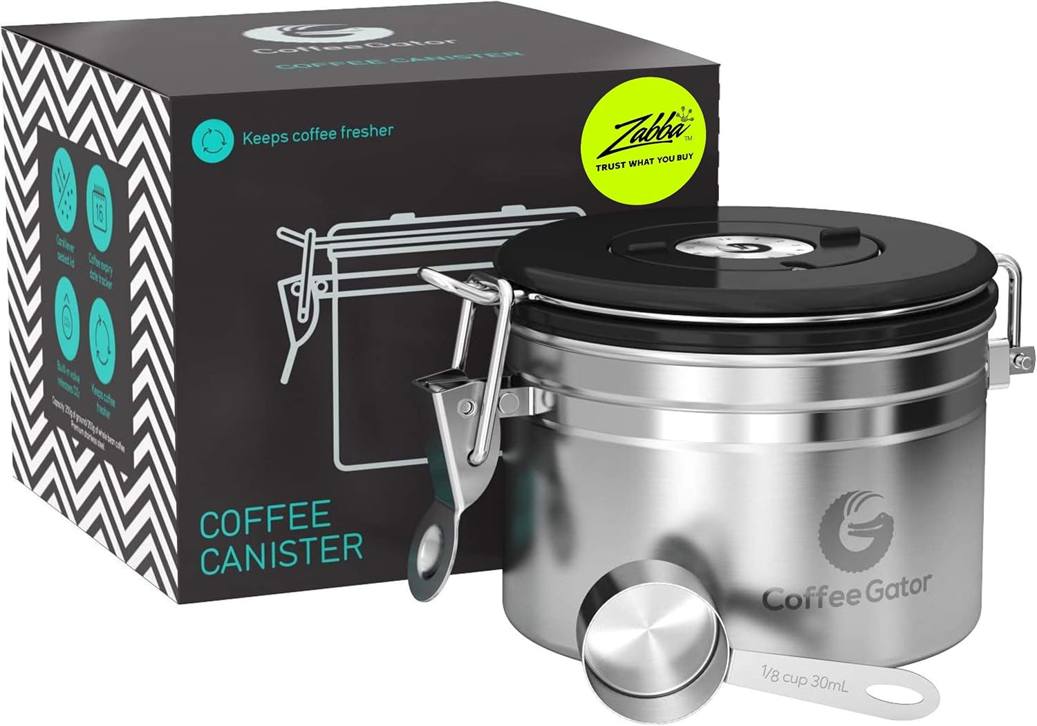 Coffee Gator Coffee Canister Airtight 900 mL, Stainless Steel Kitchen Food Storage Container with Date Tracker, CO2 Valve