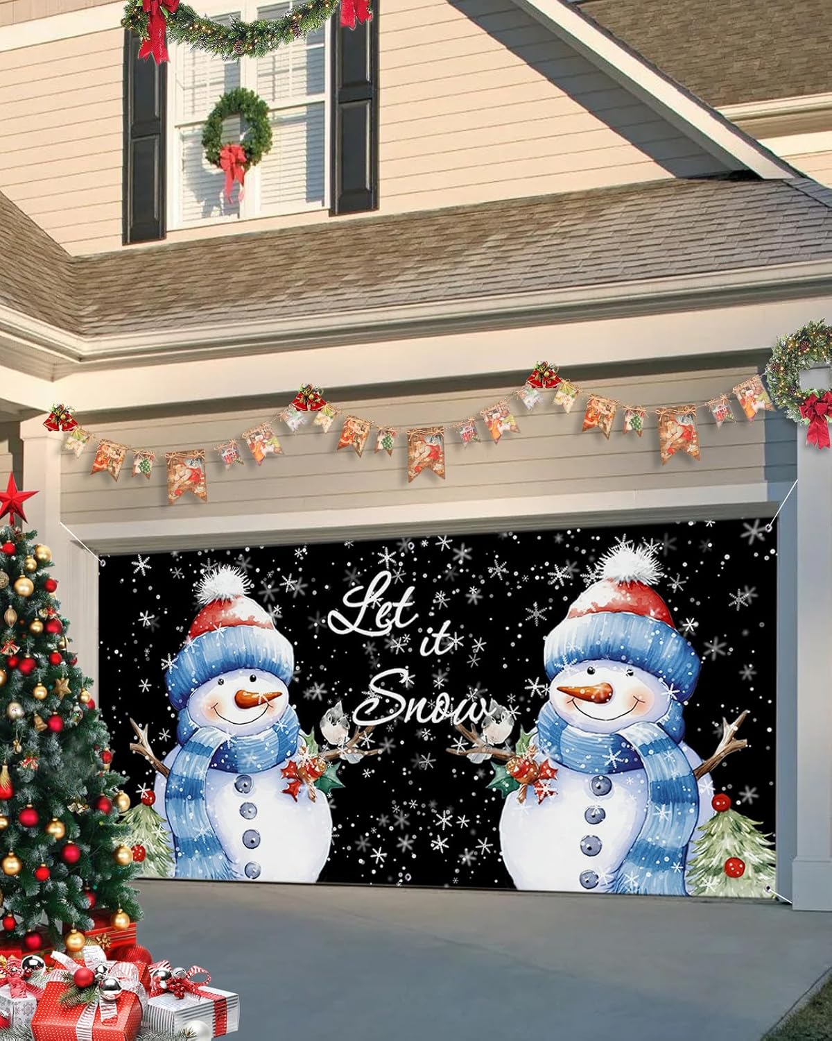 Garage Door Decorations - Christmas Garage Door Banner Cover 6 x 13 ft, Merry Christmas Snowman with Robin Black Christmas Garage Door Decorations Holiday Christmas Backdrop Decor for Winter New Year Xmas Party