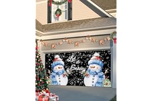 SINGINGIN Christmas Garage Door Banner Cover 7 x 16 ft, Merry Christmas Snowman with Robin Black Christmas Garage Door Decorations Holiday Christmas Backdrop Decor for Winter New Year Xmas Party