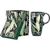 Voltogar Ceramic Mug Travel Coffee Cup with Lid for Home & Office, 17oz Porcelain Tall Tea Cup with Handle, Green Leaves Art Pattern in Color Box, 6.5" H