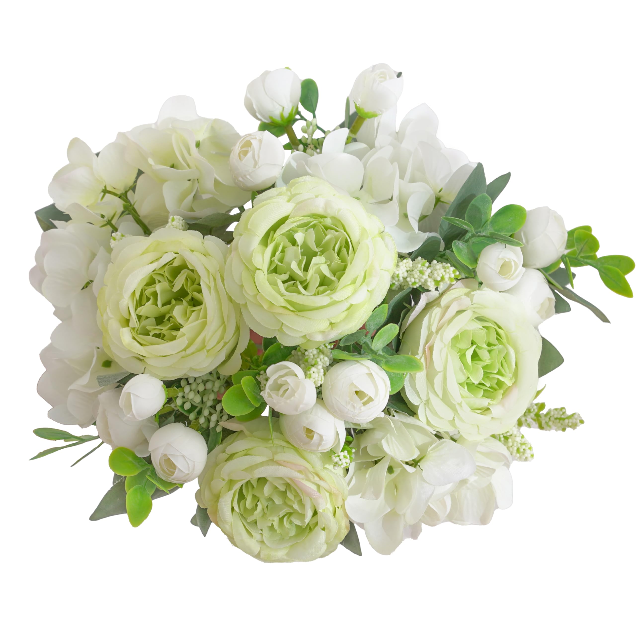 Photo 1 of 2 Bunches Green Peony Artificial Flowers for Decoration Faux Rose Fake Bouquet Silk Arrangements Table Centerpiece for Vase Cake Topper Bridal Baby Shower (2, Green White)