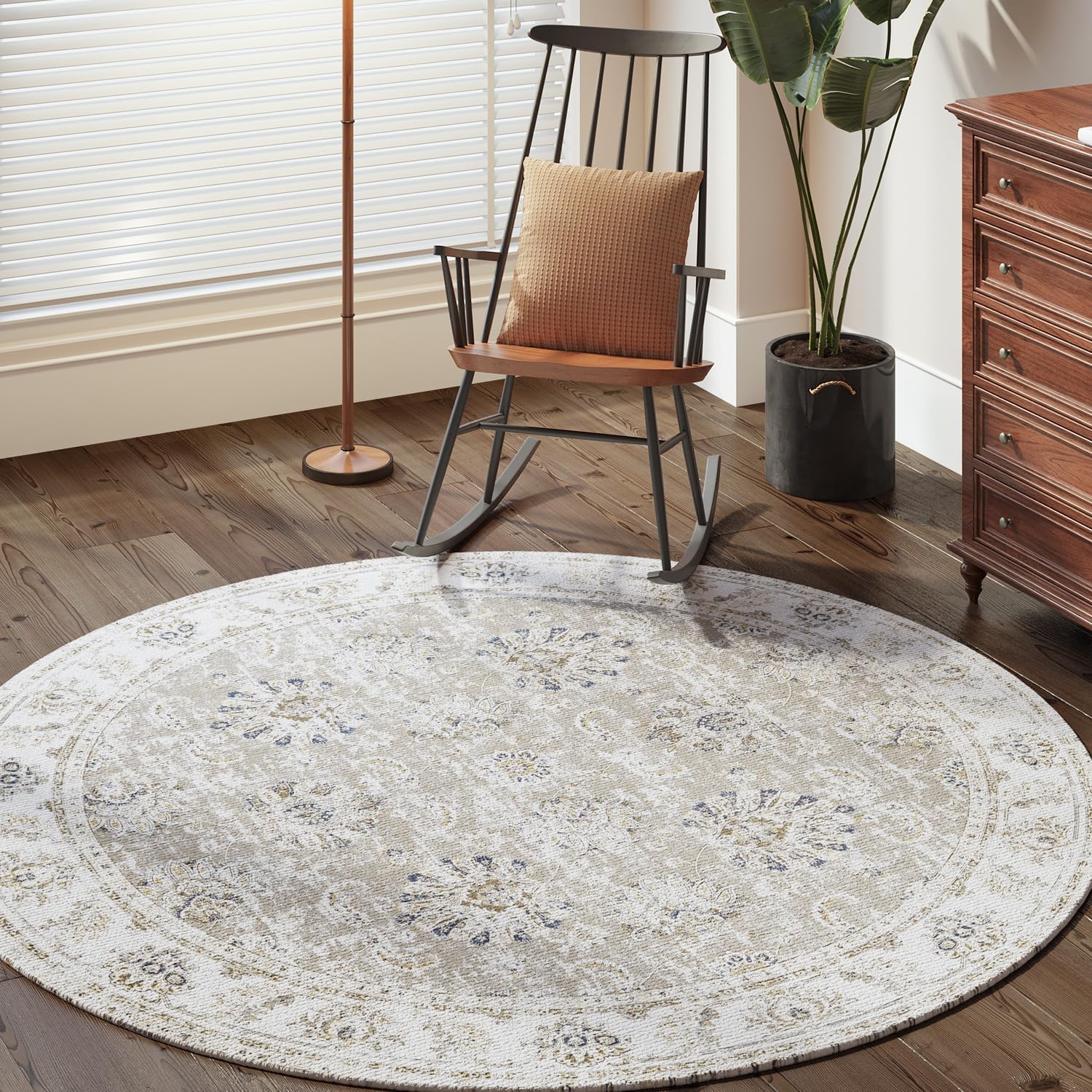Rugs, Pads & Protectors - jinchan Round Rug 6ft Area Rug Taupe Vintage Floor Mat Kitchen Indoor Thin Rug Floral Print Washable Circle Rug 6' Round Retro Accent Rug Farmhouse Non Slip Dining Room Living Room Bedroom Office