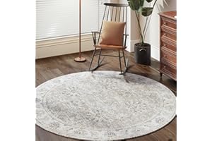jinchan Round Rug 6ft Area Rug - Taupe Vintage Floor Mat Kitchen Indoor Thin Floral Print - Washable Circle 6' Retro Accent for Farmhouse Non Slip Dining Room Living Room Bedroom Office
