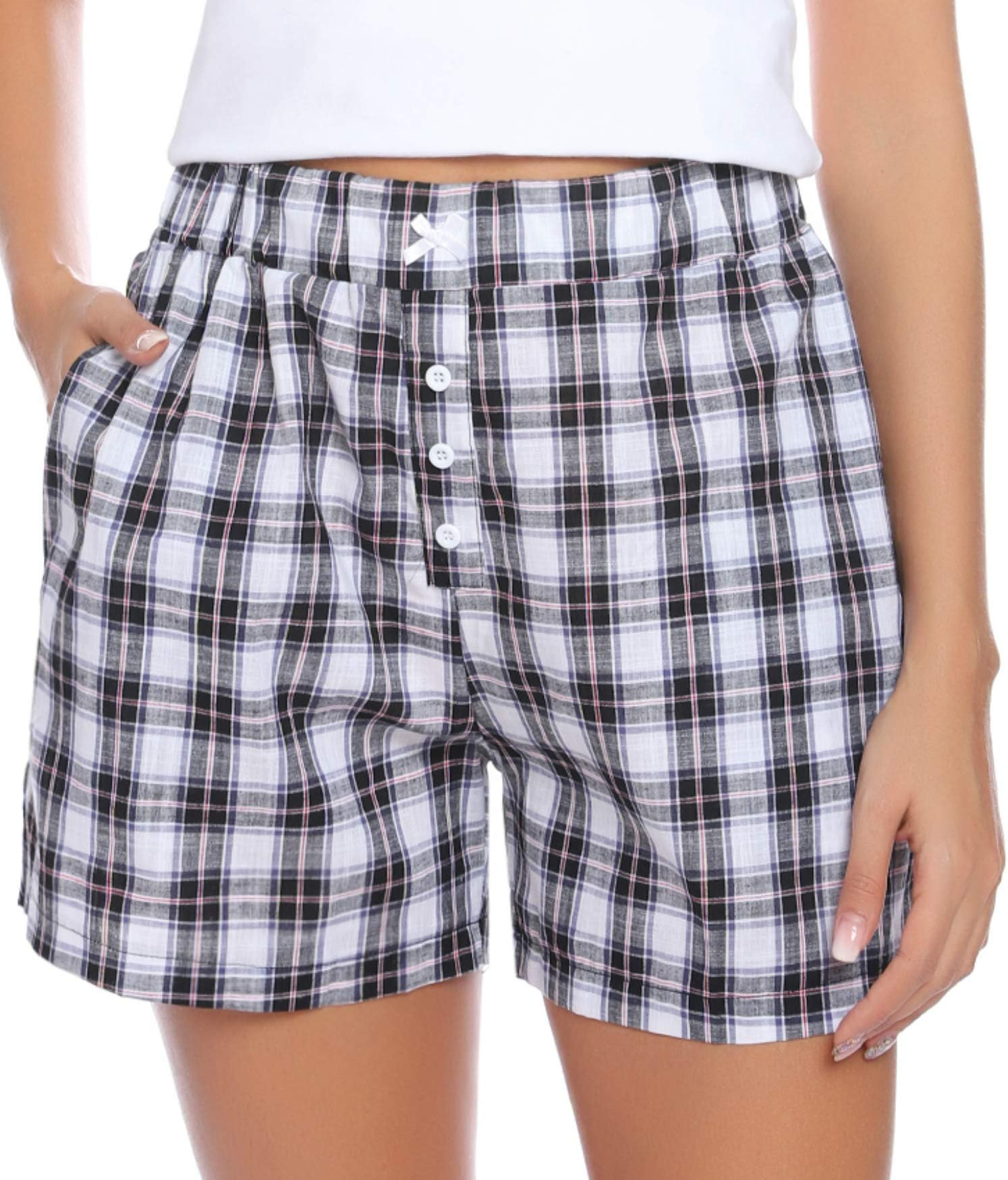Hawiton 1 & 2 Pack Women's Plaid Cotton Sleeping Pajama Shorts Lounge Boxer Drawstring Bottoms