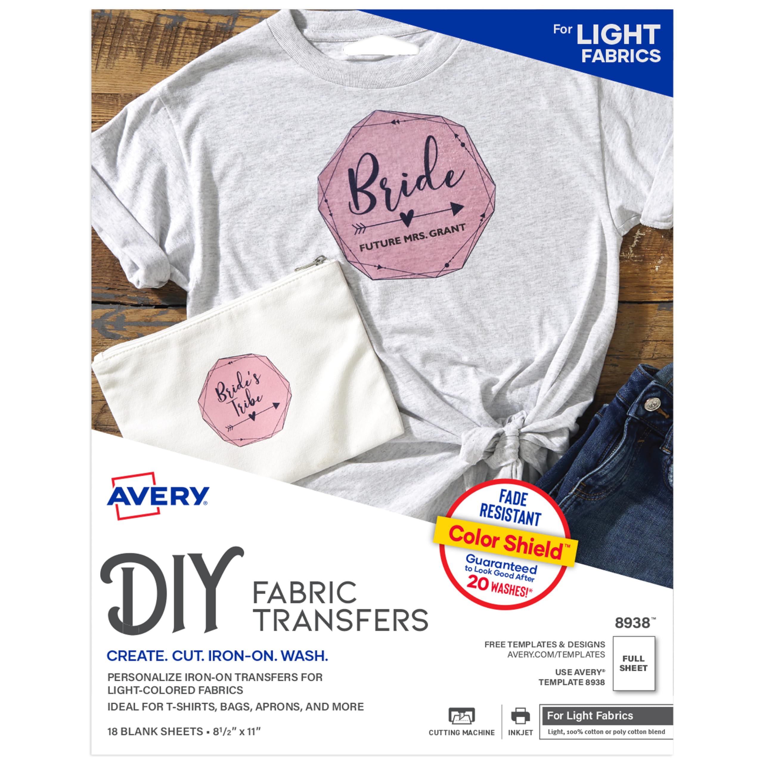 Avery T-Shirt Transfers for Inkjet Printers, for Light Fabric, 8.5" x 11", 162 Transfers, 9 Packs of 18 Sheets (8938)