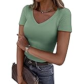 PRETTYGARDEN Women 2026 Spring Tops Trendy Ribbed Short Sleeve V Neck Fitted Basic Tee Shirts Casual Going Out Summer Outfits