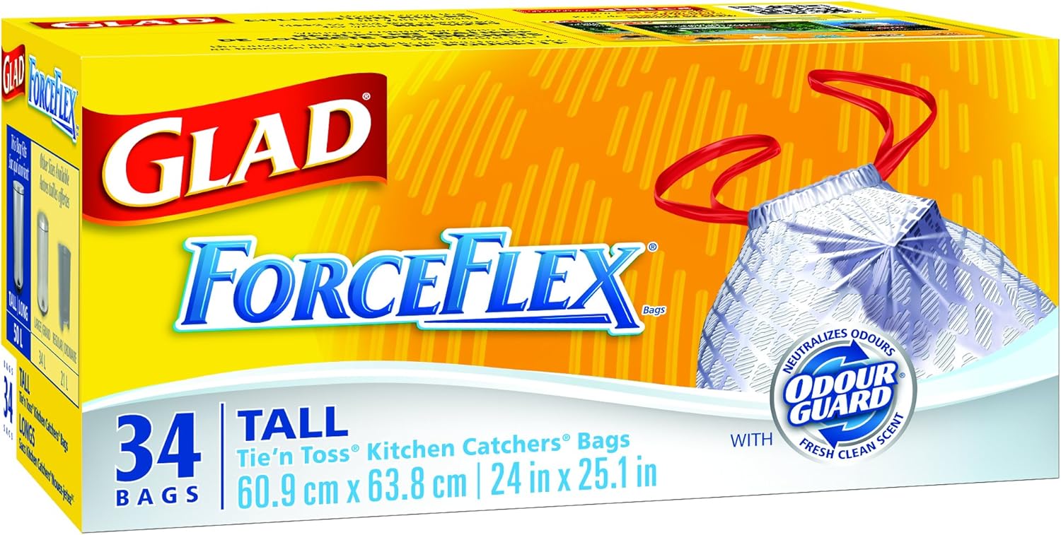 Glad White ForceFlex Garbage Bags Tall 50 Litres Drawstring, 34