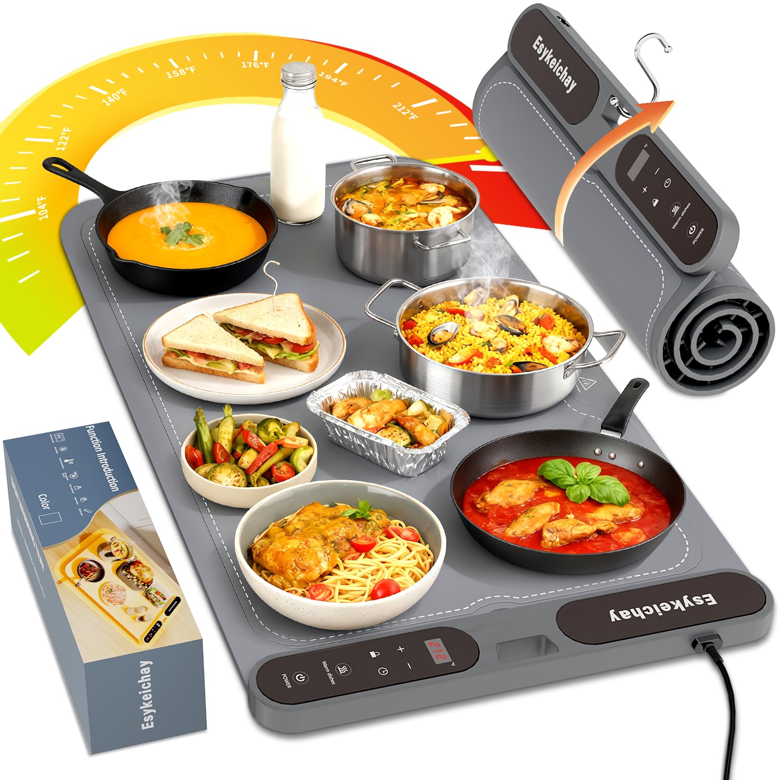 Photo 1 of ***Cord missing***Warming Mat for Food with Roll-Up & Hangable Design, 24"x16" Electric Silicone Food Warmer Trays for Chafing Dishes & Buffet, Portable Food Warmers for Parties with 7-Level Temp 8h Timer (Gray, Large)