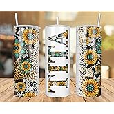 Tita Sunflower Turquoise Gemstone And Leopard - Tita Skinny Tumbler Cowhide Distressed Tumbler - Western Tumbler 20Oz Skinny Tumbler - Tita Gift