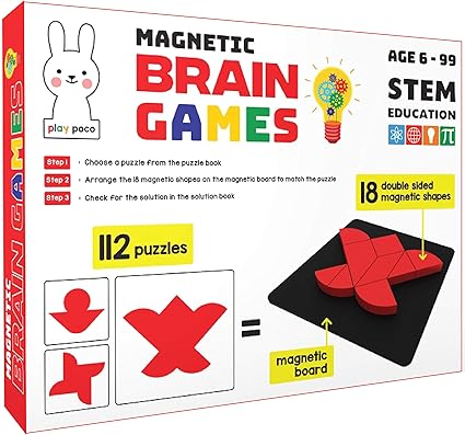 Play Poco Magnetic Brain Games - 112 Puzzles Designed to Boost Intelligence - with 18 Double Sided Magnetic Shapes, Magnetic Board, 112 Puzzle Book, 112 Solution Book