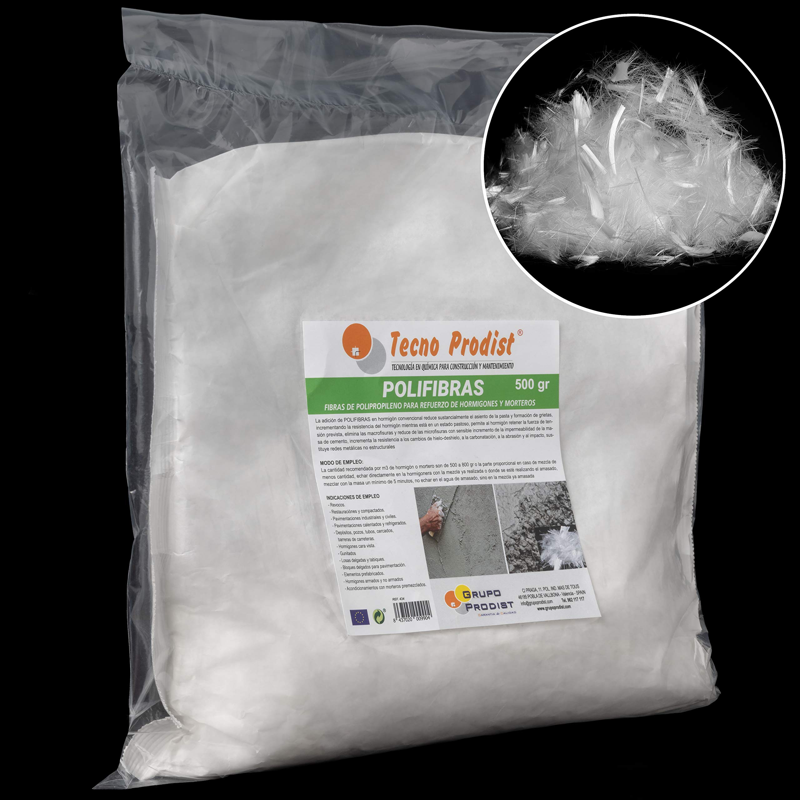 Polyfibers of Tecno Prodist, fibres 12 mm for concrete, mortar or plaster - Polypropylene (Pp) - Reinforcement and resistance, prevents cracking - fast and homogeneous dispersion of the mixture (1 bag