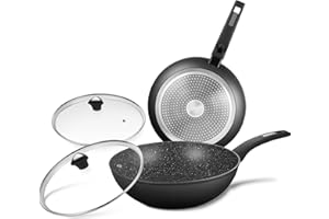 KOCH SYSTEME CS CSK 11+12in Nonstick Frying Pan Sets With Glass Lids-Cookware Sets With Stone-Derived Ultra Nonstick Coating,100% PFOA&APEO Free,Induction Available Frying Skillets,Wok Pans,4PC,Black