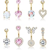 Dochais Pink Heart Belly Button Ring Piercing 8Pcs 14G Surgical Stainless Steel Navel Piercing Hypoallergenic Cute Created-opal Butterfly Belly Button Rings for Women