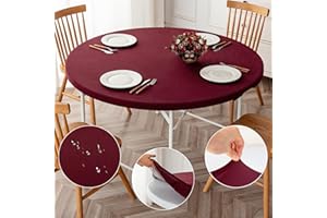 ManMengJi Round Fitted Table Cloth Burgundy, Anti-Tear Wipeable Elastic Round Tablecloth 2 PCS, Machine Washable Table Cover for Outdoor/Indoor Use, Fits Round Tables up to 32" - 36" Diameter