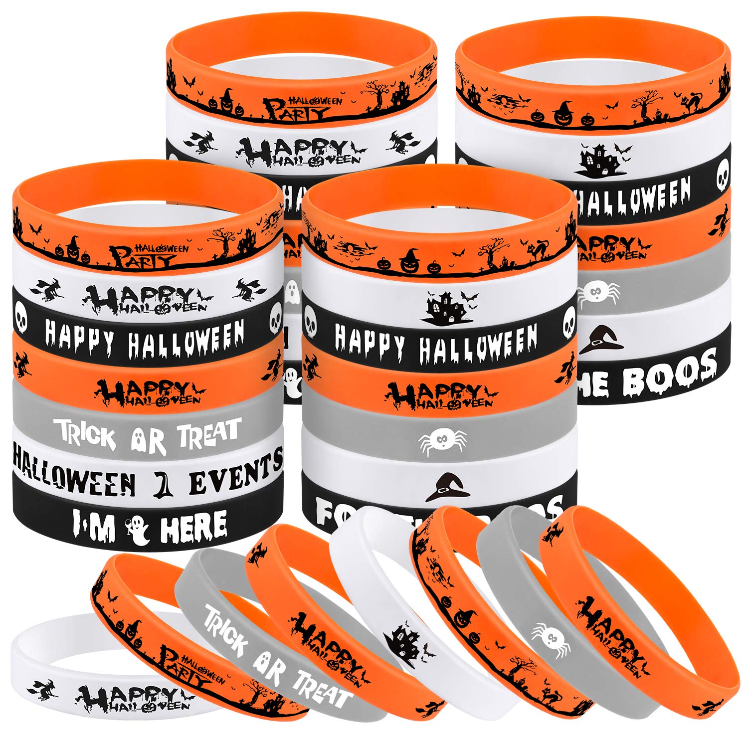 FEPITO 49 Pcs Halloween Rubber Wristbands 7 Classic Silicone Bracelets for Halloween Party Supplies
