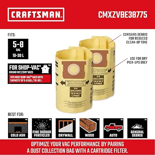 CRAFTSMAN CMXZVBE38775 Fine Dust Wet/Dry Vac Dust Collection Bags