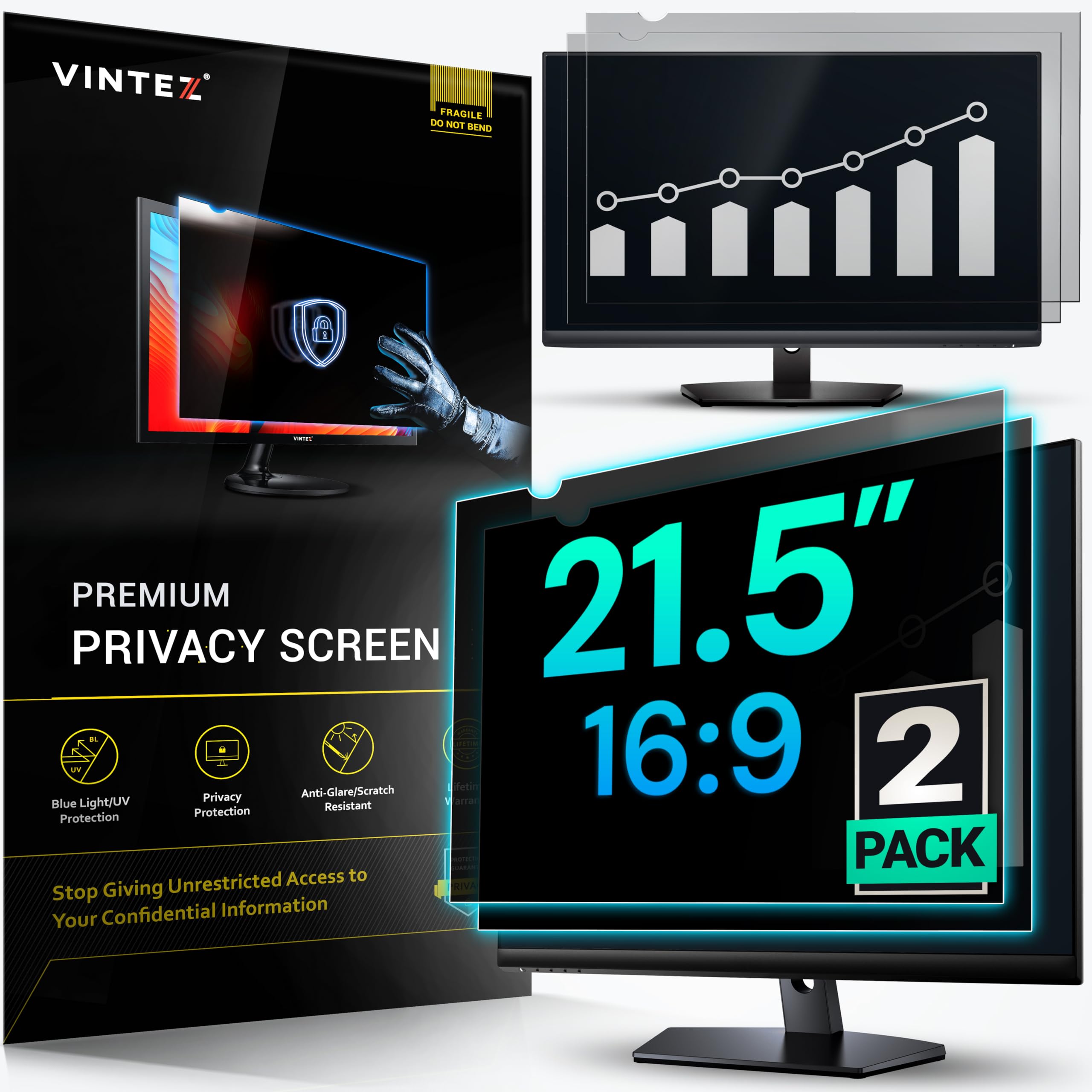 VINTEZ [2 Pack] 21.5 Inch 16:9 Privacy Screen for Computer Monitor and Laptop - Anti Glare Protector Film Blue Light Filter Eye Protection - Computer Screen Privacy Shield — image 1