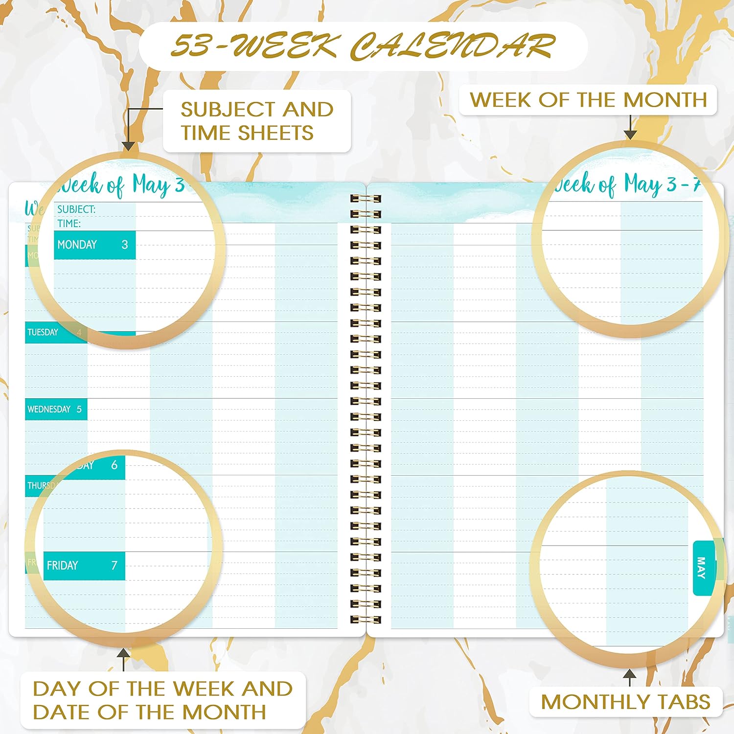 2021-2022 Teacher Planner - Weekly & Monthly Lesson Planner, July 2021-June 2022, 8'' x 10'', White Marble Cover Lesson Plan Book, Academic Teacher Planner with 3-months reference calendars, Flexible Cover, Twin-Wire, Monthly Printed Tabs: Office Products