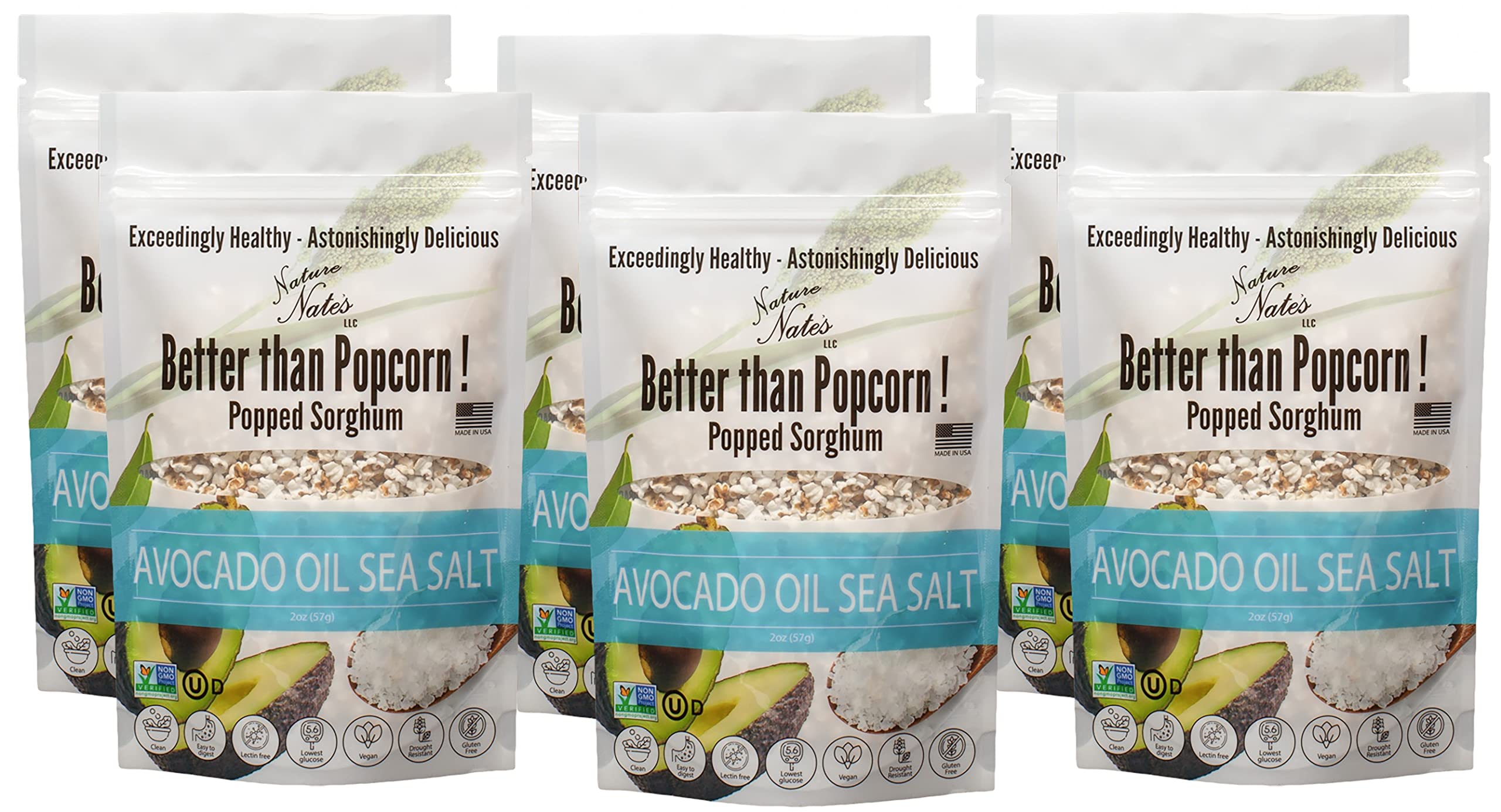 Photo 1 of Nature Nate’s Popped Sorghum, Avocado Oil Sea Salt - Sorghum, Keto & Gluten Free, Healthy Snacks, Better Than Popcorn, Made in USA - 2 Ounce (Pack of 6)