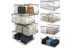 4 Pack Stackable Closet Organizers, Pull Out Clothes Storage Baskets, Sturdy Metal Storage Container for Clothes Pants Sweate