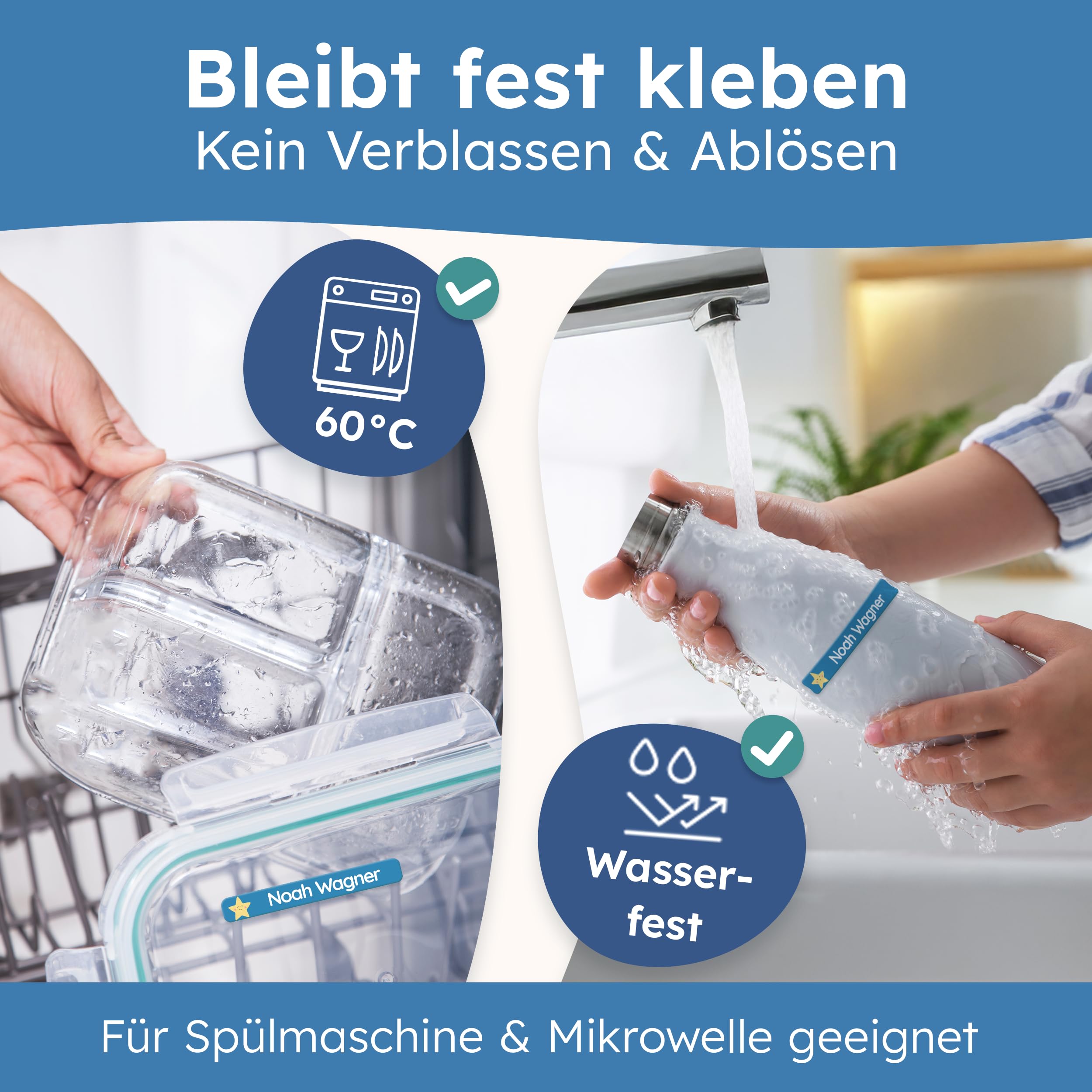 melu kids® Namensaufkleber Kinder für Schule & Kita (75 Stück) - Personalisierte Aufkleber mit Namen für Stifte und alle Schulsachen - Wasserfest in Spülmaschine (Himmelblau) 3