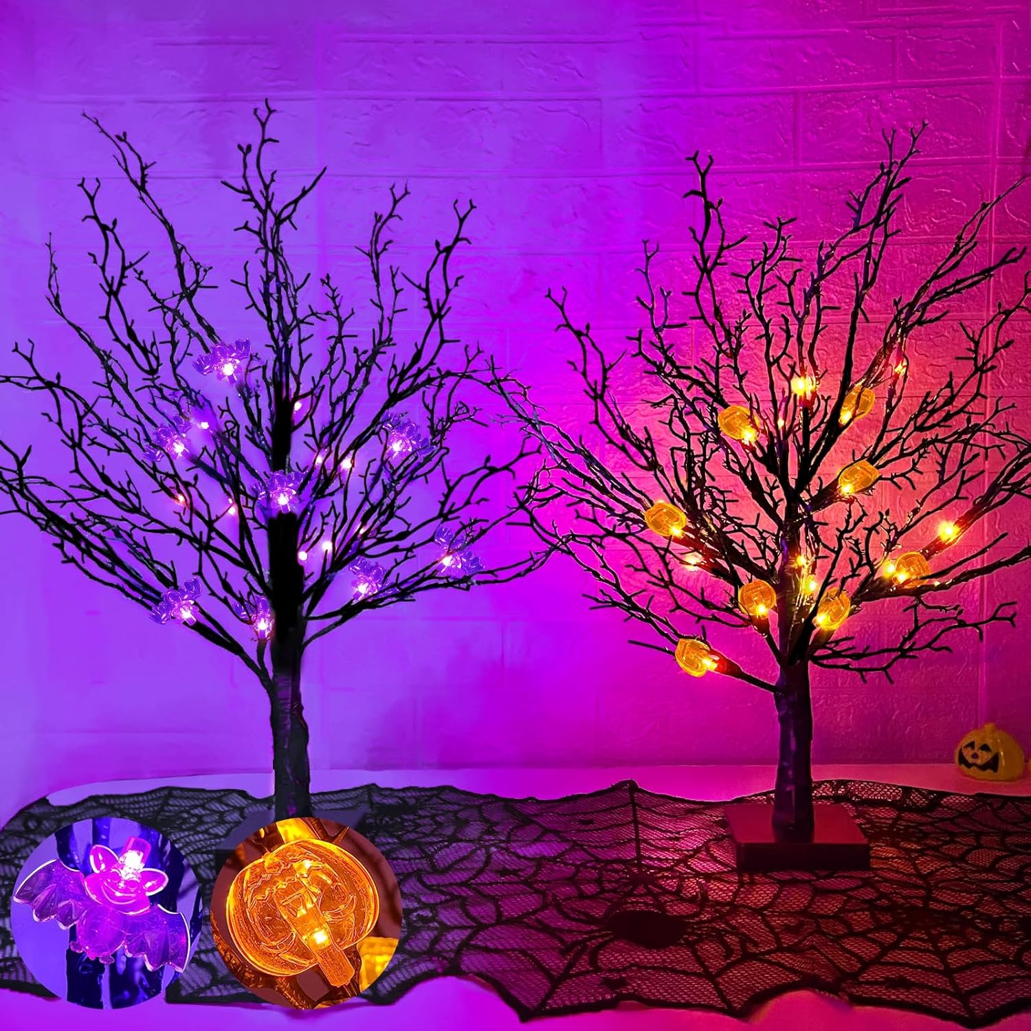 Trees - [ 2 Pack & Timer ] 24 Inch Halloween Tree with Orange & Purple Lights, Black Halloween Trees DIY 25 Bats & 25 Pumpkins Lights Battery Operated Tabletop Halloween Spooky Tree Decorations Indoor Home