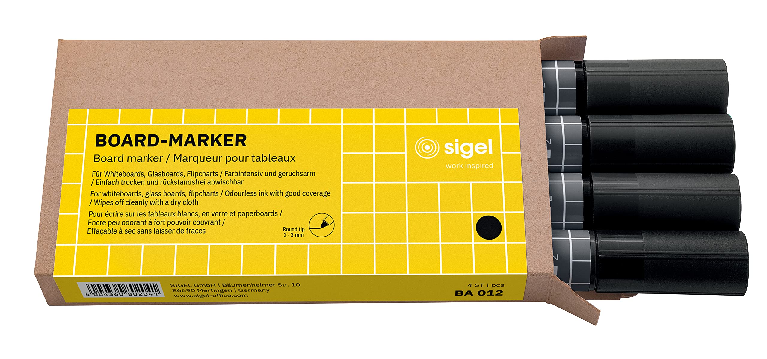 SIGEL BA012 Set of 4 Glass / WhiteBoard markers, erasable, "cap off" ink, Ø 2-3 mm bullet tips, Black