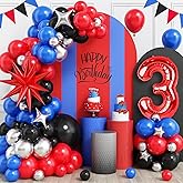 3rd Birthday Decorations for Boys, Royal Blue Black Red Silver Balloon Garland Arch Kit with 40 Inch Red Number 3 Balloon Tower, 3rd Birthday Balloons for Kids Birthday Party Supply