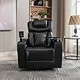 270 Degree Swivel PU Leather Power Recliner Individual Seat Home Theater Recliner with Comforable Backrest, Tray Table, Phone Holder, Cup Holder, USB Port, Hidden Arm Storage for Living Room, Black