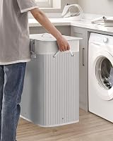 SONGMICS 100L Laundry Basket with Lid Bamboo Foldable 2 Compartments Grey view 8