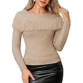 WLLW Women's Fringe Tops Juniors Boat Neck Sweater Long Sleeve Pullover Sweater Slim Fit Off Shoulder Sweaters