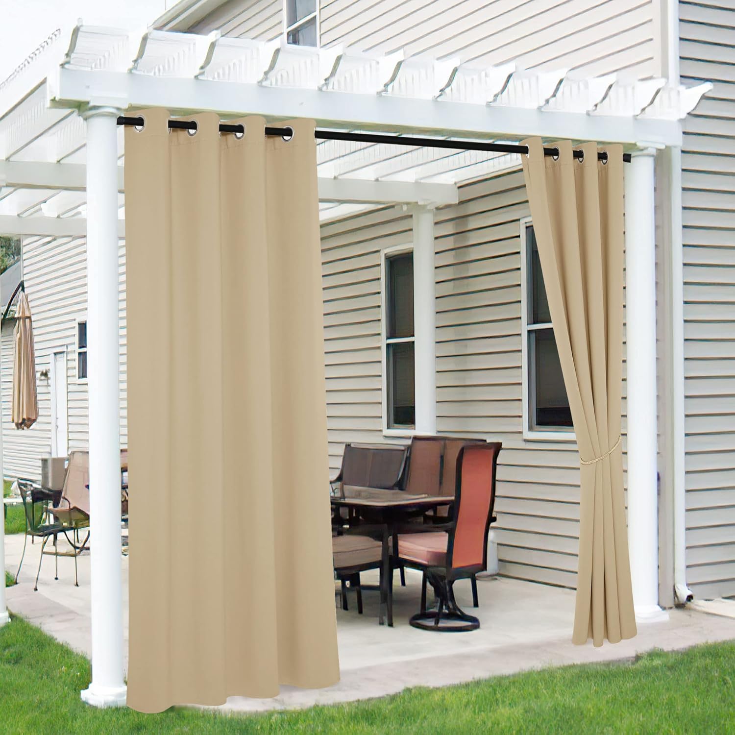 Outdoor Curtains - RYB HOME 2 Panels Outdoor Curtains for Patio - Waterproof Blackout Insulated Curtains for Outside Porch Pool Deck Pergola Sliding Doors Room Divider, 52 inches Wide by 108 inches Long, Biscotti Beige
