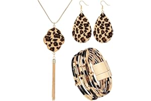 Hicarer 3 Pieces Leopard Earrings Bracelets Women Jewelry Bohemia Earrings Necklace Cheetah Set Multilayer Leather Cuff Boho for Large Wrists Cosplay Party Costume Accessories