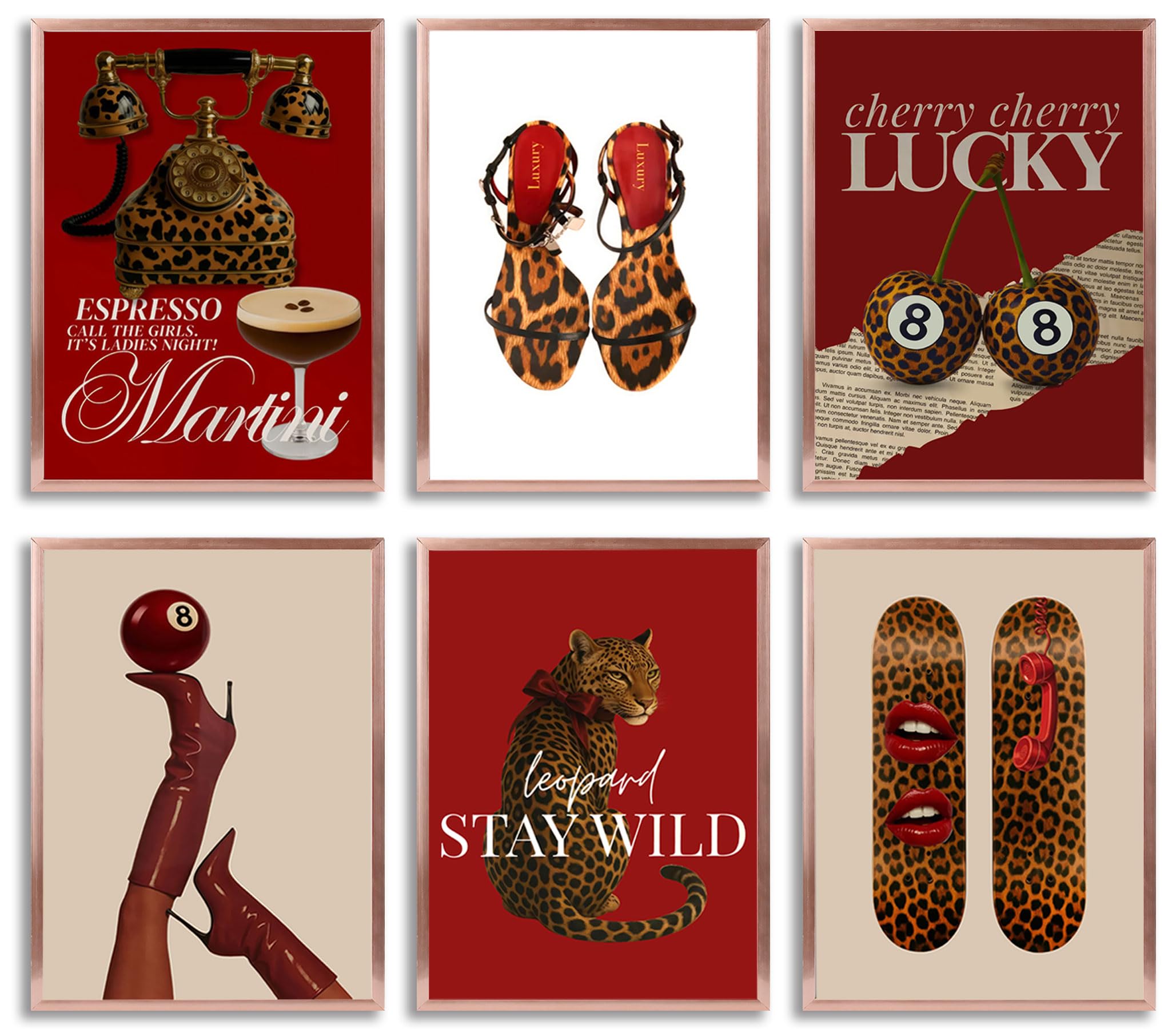 Photo 1 of  Trendy Red Fashion Leopard Canvas Wall Art Funky Lucky 8 Ball Posters Prints Paintings Eclectic Cheetah Preppy Aesthetic Pictures Wall Decor for Girls Dorm Apartment Living Room Unframed
