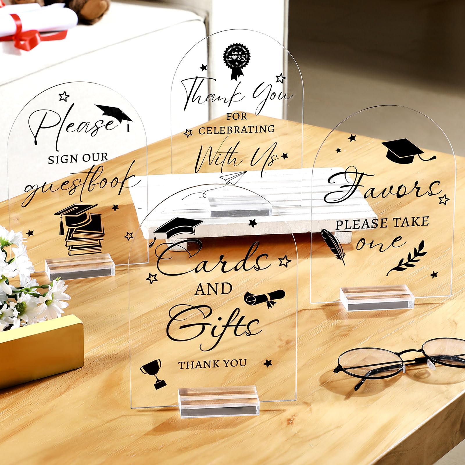 Photo 1 of 4 Pcs Classic Graduation Party Welcome Reception Sign with Stand Class of 2025 Thank You for Celebrating with Us Signage Reception Cards and Gifts Acrylic Sign Graduation Party Favors Supplies