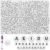 MIIIM 1200pcs Vowel Letter Beads (A, E, I, O, U), 4x7mm Round Letter Beads for Bracelets Making, Alphabet Beads, Number Beads, Heart Beads in 24 Grid Box (White Beads Black Letters)