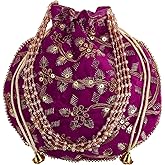 Craft Trade Women's Cotton Embroidered Potli Bag with Drawstring and Pearl Handle Pouch Golden Work Ladies Purse for Bridal
